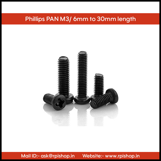 Rpi shop - M3 Phillip Drive Pan Head Screws, Fully Thread, Black Oxide Finish, Machine Thread