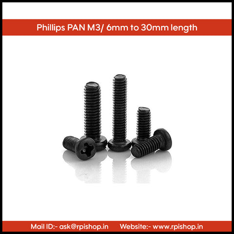 Rpi shop - M3 Phillip Drive Pan Head Screws, Fully Thread, Black Oxide Finish, Machine Thread